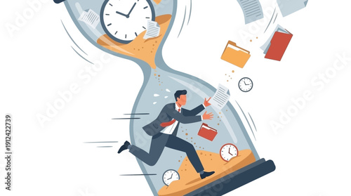 Businessman Racing Against Time in Hourglass with Falling Tasks