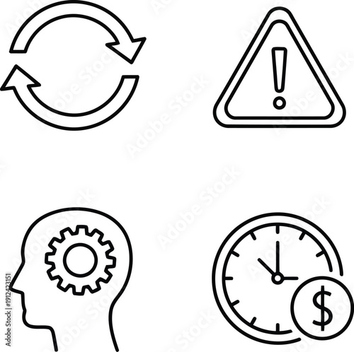 Business icons set reloading alert brain gear clock dollar sign simple outline vector graphics vector
