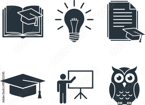 Education icons set graduation cap lightbulb document owl teacher presentation board ideas knowledge learning study concept graphics vector
