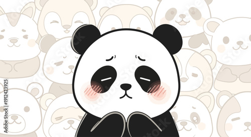Sad Panda Begging Cute Kawaii Cartoon Style with Blushing Cheeks and Many Other Pandas Background