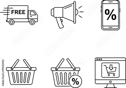 Online shopping icons set free delivery sale promotion discount mobile phone basket and computer ecommerce vector graphics vector