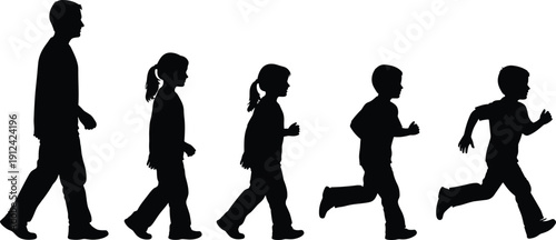 Black silhouettes of children and a man walking and running in sequence, showing motion and growth progression on white background