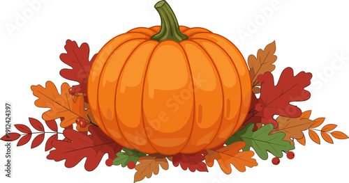 Large orange pumpkin nestled in autumn leaves and red berries in realistic flat vector style