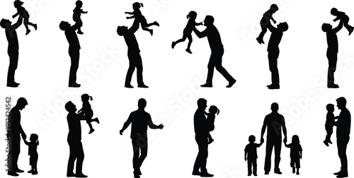 Black silhouettes of fathers playing with children, lifting babies, holding hands, and walking together isolated on white background for family design