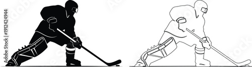 Two ice hockey players in action during a game with sticks and puck