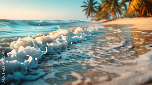 Gentle ocean waves lap onto a sandy tropical beach with palm trees in the background.