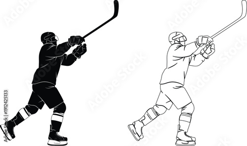 Two ice hockey players in mid-action during a game with sticks extended forward.