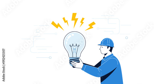 An electrical engineer holds a giant lightbulb, symbolizing innovation and creative idea