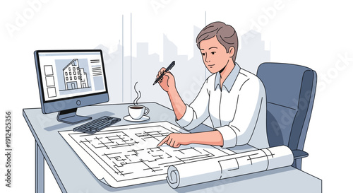 Architect reviewing construction plan on computer in office design modern professional