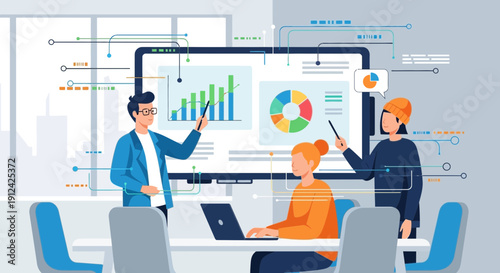 Business presentation with data analysis and strategy planning in a modern office setting depicted