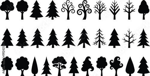 Set of stylized evergreen and deciduous tree silhouettes with simple geometric shapes, vector illustration collection for forest or holiday design