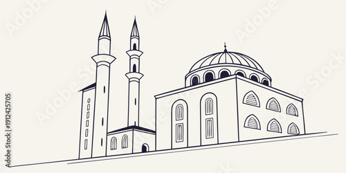 A detailed illustration of a mosque with two minarets and a large dome