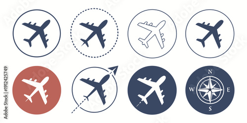 A collection of various travel and navigation icons in a circular design.