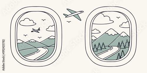 A serene aerial view of mountains and lakes seen through an airplane window