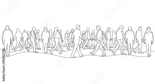 Line Drawing of People Walking in City.