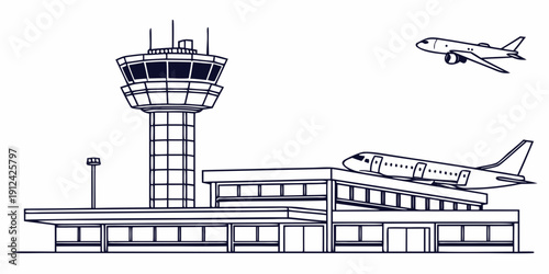 Modern airport terminal with air traffic control tower and airplane in flight