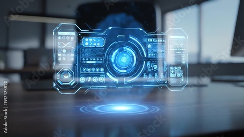 Close-up of a futuristic camera interface projected on a dark office desk with a computer monitor in the background, conveying a technological mood with cool blue tones.