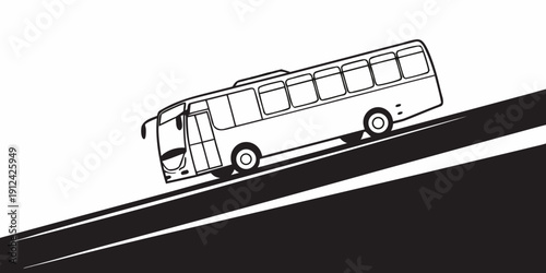 A sleek, modern bus travels along a winding road in a black and white illustration.