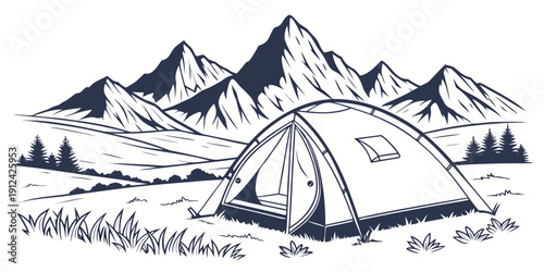 Two tents pitched in a scenic mountain landscape with snow-capped peaks and pine trees