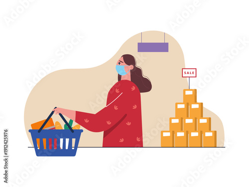A woman wearing a protective face mask while shopping for groceries during a pandemic. Omicron illustration. Flat vector illustration concept.