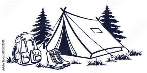 A serene campsite nestled in a forest with a tent and camping gear surrounded by trees