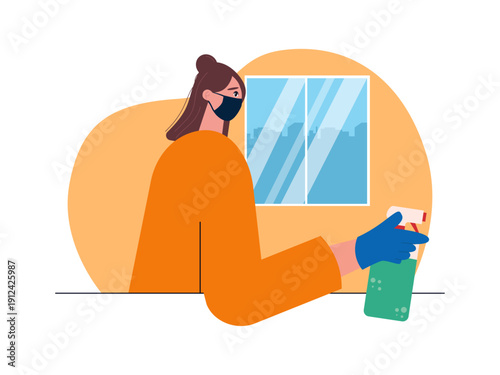 A young woman cleaning a surface with a disinfectant spray while wearing a mask and gloves. Omicron illustration. Flat vector illustration concept.