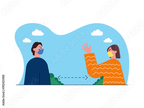 Two people wearing face masks and maintaining a safe physical distance from each other. Omicron illustration. Flat vector illustration concept.