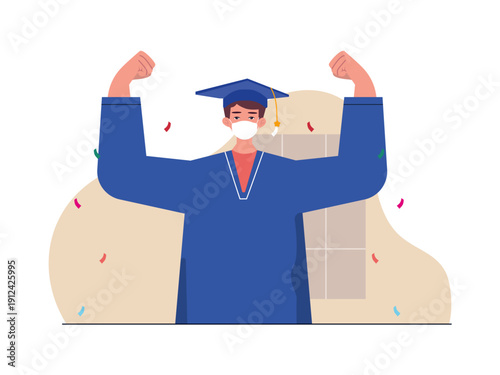 Graduates celebrate their graduation or virtual ceremony online. Omicron illustration. Flat vector illustration concept.