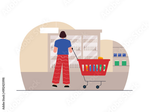 A woman customer pushing a shopping trolley filled with various grocery products. Omicron illustration. Flat vector illustration concept.