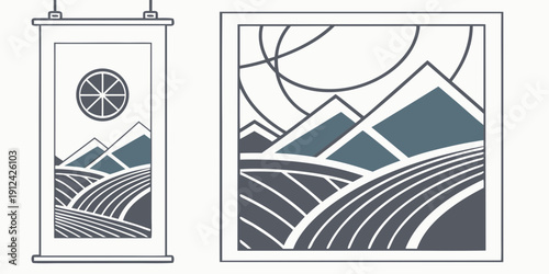 Two artworks depicting serene landscapes with mountains and abstract elements