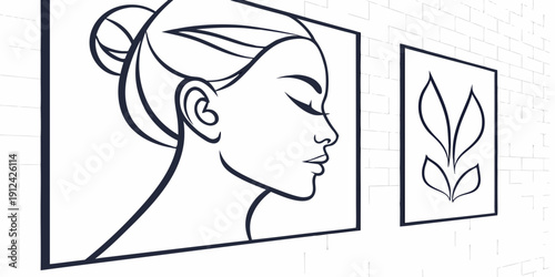 A serene woman's portrait alongside a minimalist floral illustration.