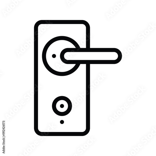 A minimalist line art icon representing a smart door lock featuring a lever handle and a circular keypad. Single Line Icon.