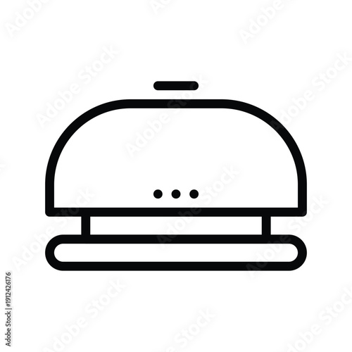 A minimalist black and white line drawing of a service bell, often found at hotel reception desks. Single Line Icon.