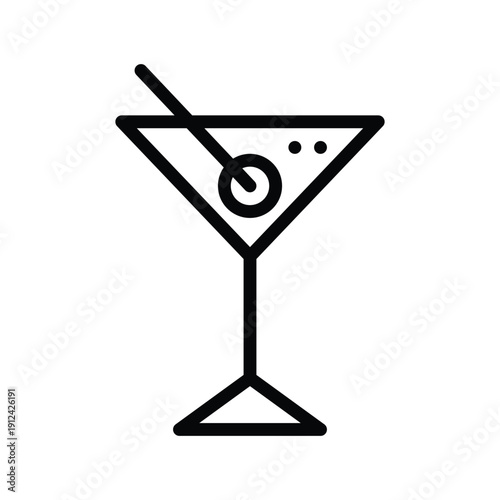 A simple black and white line art icon of a martini glass with an olive and a cocktail stirrer inside. Single Line Icon.