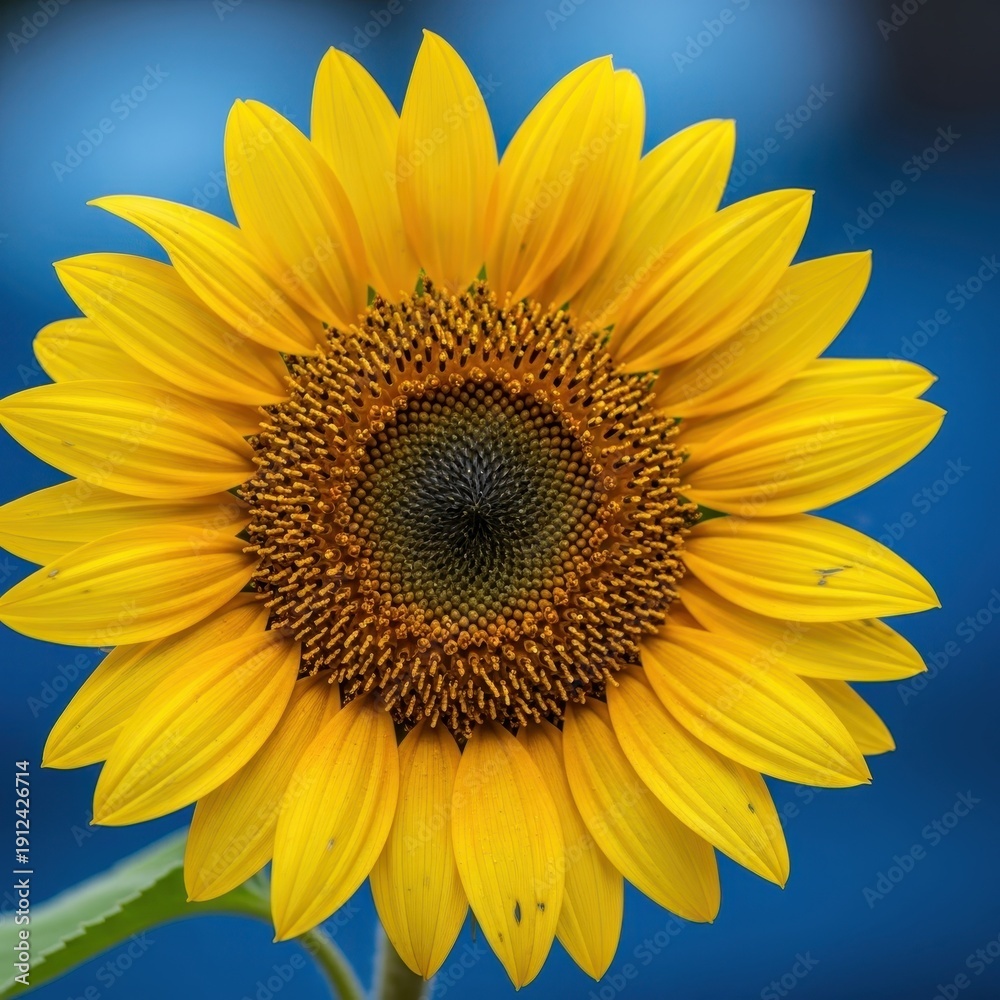 Naklejka premium Close-up of a vibrant sunflower in full bloom against a blue background.
