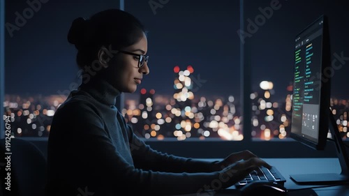Woman working on a computer at night with city lights outside the window, coding on the screen.