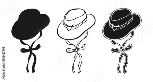 Cowgirl or Cowboy hat illustration hand drawn doodle linear, silhouette set. Vintage American traditional western bandit, sheriff, cowgirl hats. Retro Wild West mood, western rodeo country fashion