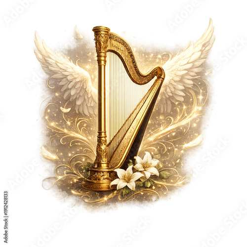 golden harp, angelic glow, heavenly instrument illustration, radiant harp strings, celestial music theme, luminous golden light, classical harp art, divine musical aura, ethereal atmosphere, ornate ba