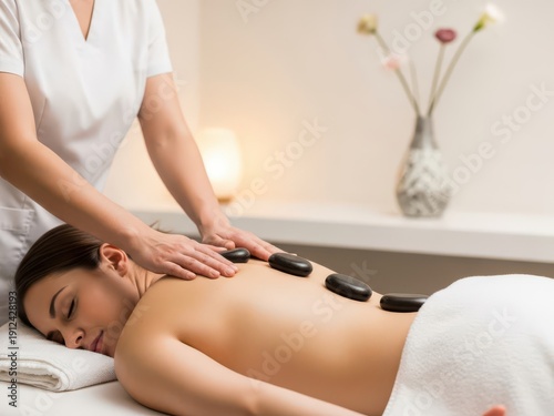 Relaxing hot stone massage therapy session in a serene spa environment isolated on white background