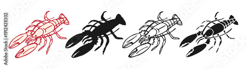 Lobster set vector illustration hand drawn outline style. Vintage engraving, grunge line art and black silhouette crayfish seafood character, vintage fish artwork mood, clean lines, marine life theme