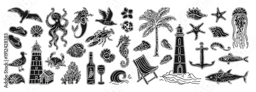 Hand drawn coastal living illustration, ocean travel stamp with Mediterranean travel silhouette sticker. Italian summer mood featuring food wine, Amalfi coast grunge doodle, seafood seaside aesthetic