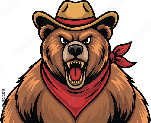 Fierce grizzly bear mascot wearing a cowboy hat and red bandana with mouth open showing sharp teeth for sports team branding.