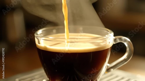 Close-up of espresso pouring into a clear glass cup with a blurred background, showcasing a rich brown color and creamy texture.