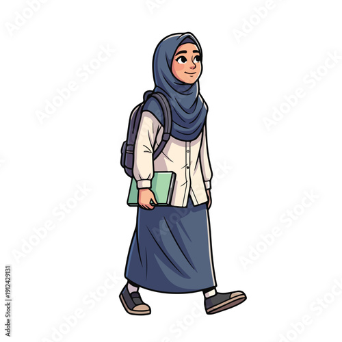 Cartoon Muslim girl student wearing hijab walking with books and backpack