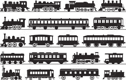 Black Vector Silhouettes of Vintage Steam Locomotives and Passenger Train Carriages Isolated on White Background for Railway History Travel and Transportation Graphic Design Projects