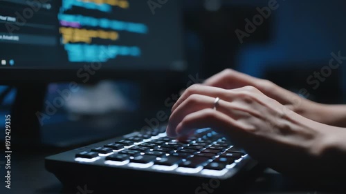 Close-up of hands typing on a keyboard with a computer screen displaying code in the background, with a dark and focused mood.