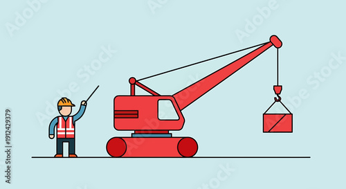 Construction worker with crane lifting cargo on blue background