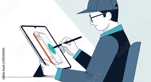 Designer sketching smartphone concept on tablet, digital drawing, creative process