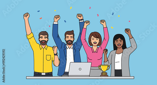 Diverse Team Celebrating Success with Trophy and Confetti