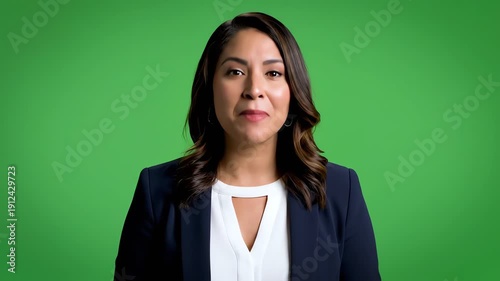 Portrait of a young businesswoman standing against a green background wearing a navy blazer and white blouse.
